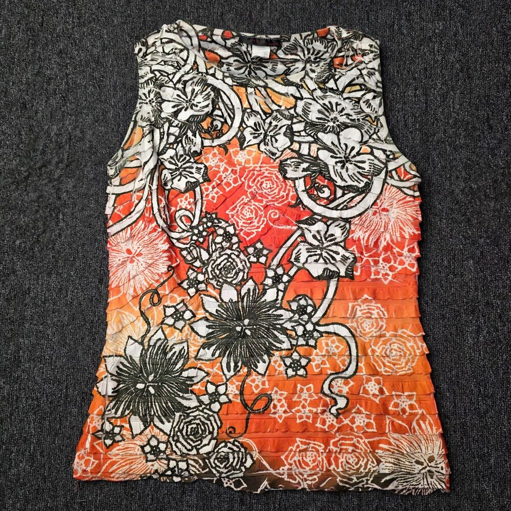 MCM Max Cole Milano Women’s Petite M Sleeveless Ruffle Floral Top Orange Blouse